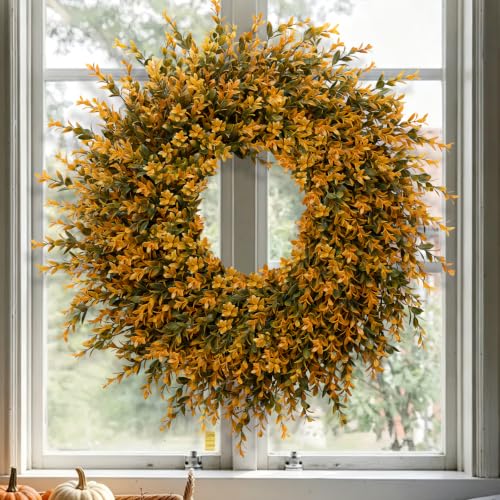 28 Inch Large Full Boxwood Wreath for Front Door Porch Window - Orange - Fall Decor