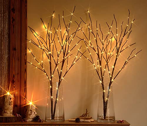Hairui Lighted Twig Brown Tree Branch with Fairy Lights 32in - 2 Set Battery Operated Christmas & Wedding Decor