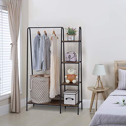 Finnhomy Heavy Duty Rustic Clothes Rack with 5 Wood Shelves - Black, 1 Rod
