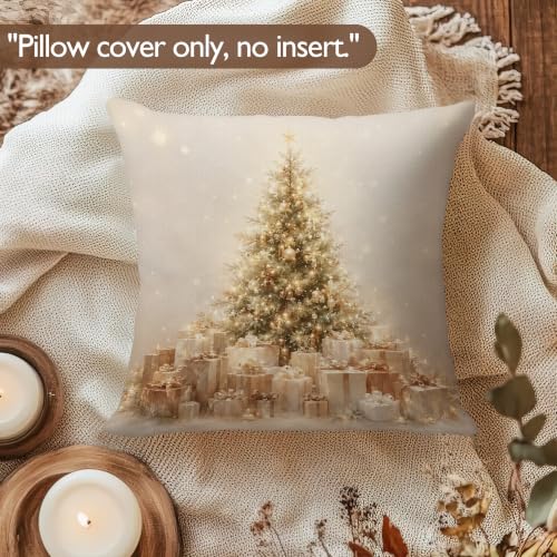 Lengues Xmas-4 Vintage Golden Christmas Tree Pillow Cover 18x18 Inches