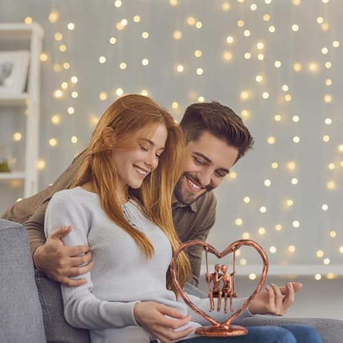 Antique Copper Wedding Anniversary Couple Sculpture - Heart Swing Figurine Gift