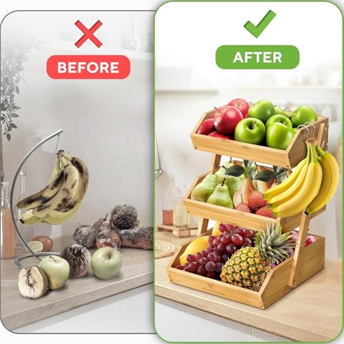 Bamboo 3-Tier Fruit Basket for Kitchen Countertop Storage - Natural & Spacious