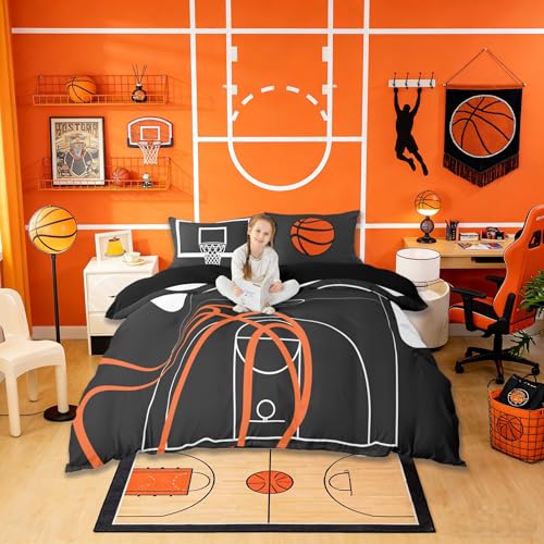 Castle Fairy Cyjs3028 Full Size Basketball Court Print Comforter Cover Set with 2 Pillowcases (No Comforter) – Orange Hoop Bedding