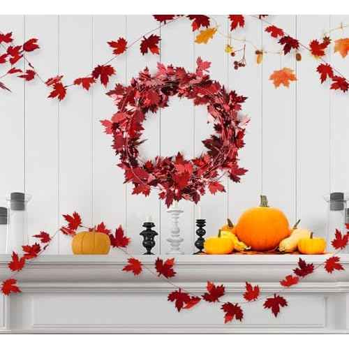 CCINEE 75 Feet Thanksgiving Wire Garland for Fall Decoration,Red Maple Leaf Wreath Hanging Metallic Tinsel Garland for Home Indoor Harvest Decor 3 Roll