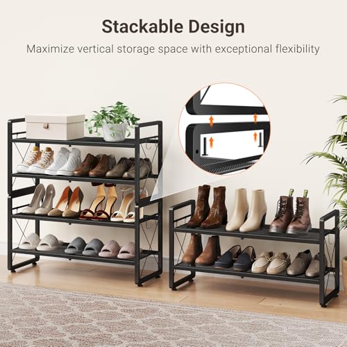 ELYKEN Expandable Shoe Rack for Closet, 4-Tier Metal Black Organizer