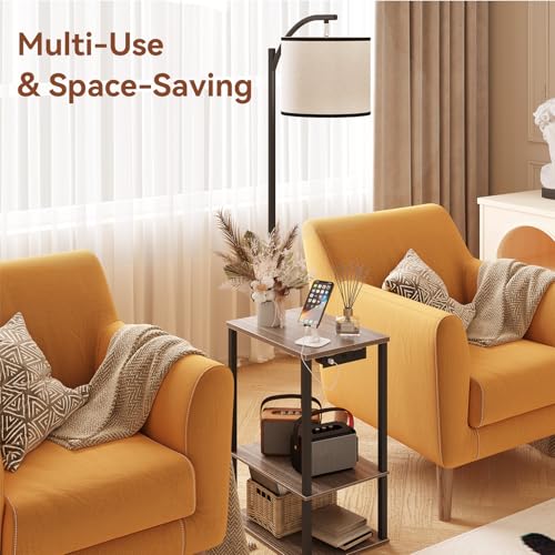 SUNMORY Grey Oak Floor Lamp with Shelves & USB Charging Station – Modern Living Room Light