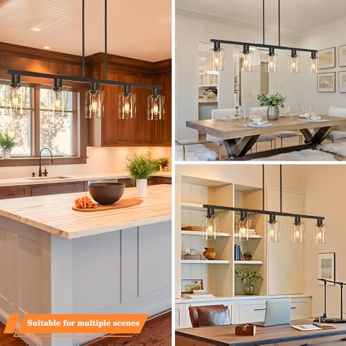5-Light Farmhouse Pendant Light Fixture - Black + Clear Glass, 40in Adjustable