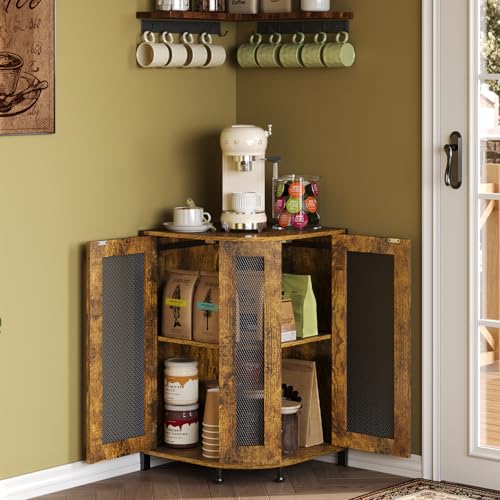 Corner Coffee Bar Cabinet 3-Tier Storage Shelf 18.7x18.7x30 inches - Rustic Wood & Iron