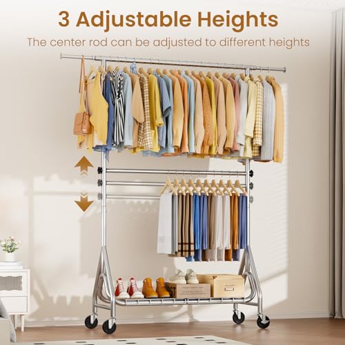 Heavy Duty Clothes Rack with Double Rods, Lockable Wheels, Shelving - Silver, 78 Inch