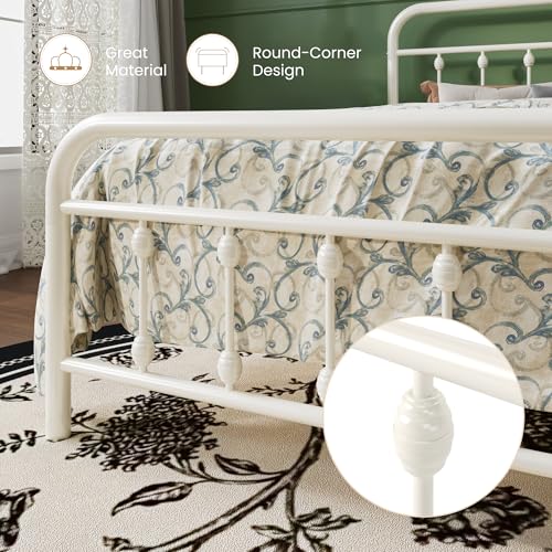 Twin Metal Bed Frame with Victorian Iron Headboard - Cream, White