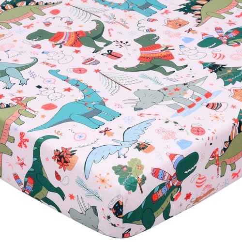 JISEN Christmas Fitted Crib Sheet - Soft Dinosaurs Pattern Baby Bed Sheets for Standard and Toddler Mattress for Boys Girls Neutral, Pink 28x52 Inch
