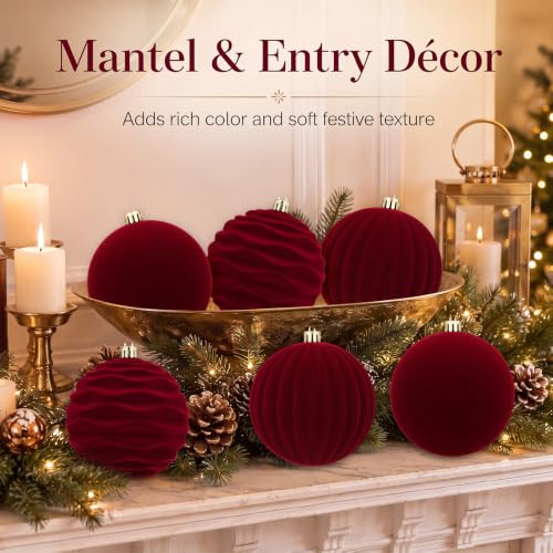 Hollowfly Burgundy Red Velvet Christmas Balls Set 6 Large 4 Inch Ornaments