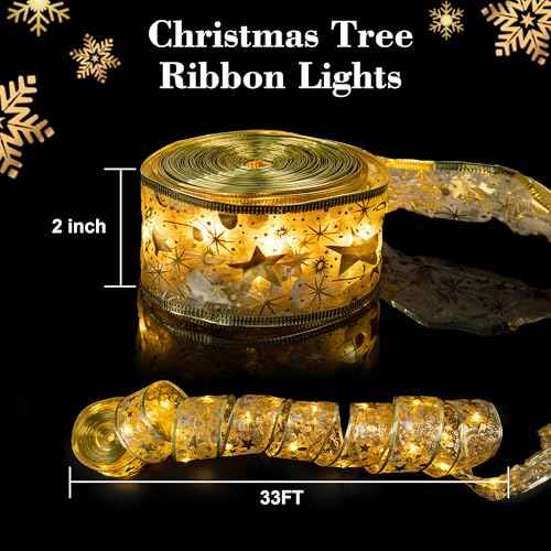 Christmas Tree Ribbon String Lights, 33FT 100 LED String Lights with Timer and 8 Lighting Modes for Christmas Tree Decoration, Fairy Lights Indoor String - Gold