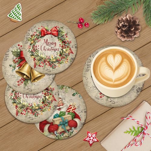 Bribay Christmas Coasters Set of 6 Ceramic Stone with Cork Bottom
