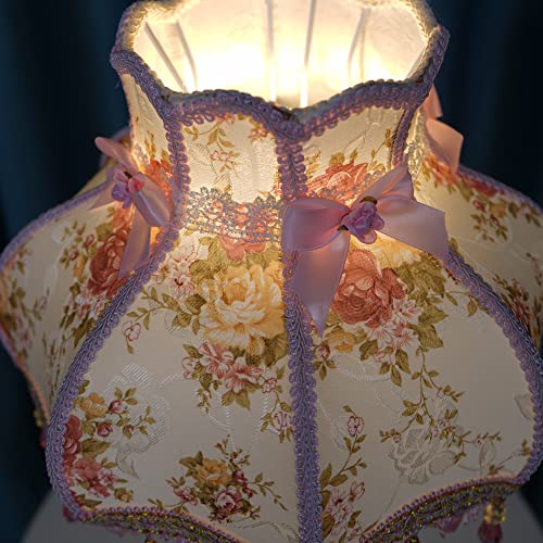 Pink Fabric Shade Table Lamp with Antique Flower Decor - Handmade Night Light for Bedroom