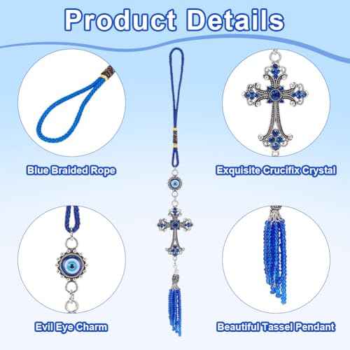 WEBEEDY Evil Eye Car Hanging Ornament Cross Pendant Turkish Blue Evil Eye Car Charms Protective Wall Decor for Cars Rear View Mirror Window Door Christmas Back to School Decor Gift,Length 10.6inch
