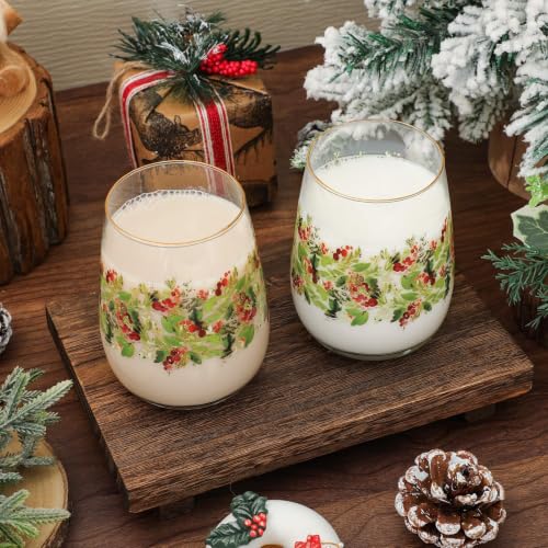 Whaline 2-Pack 17oz Christmas Stemless Wine Glasses with Holly Berries & Gold Rim
