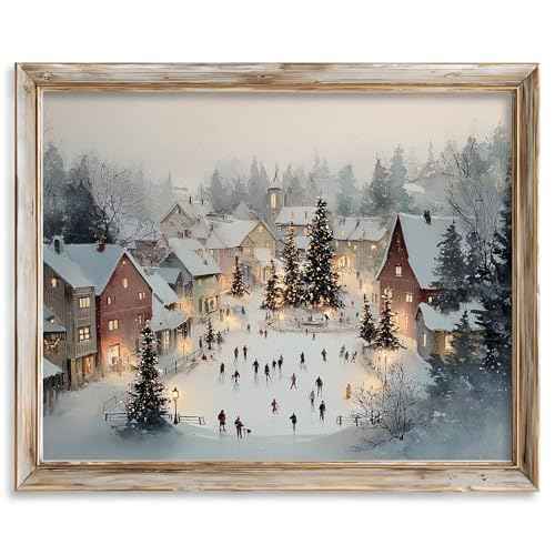 Christmas Village Winter Scene Wall Art Print, Ice Skating Holiday Painting, Snowy Town Square Christmas Decor, Rustic Farmhouse Holiday Wall Artwork, Cozy Festive Home Decoration (8X10inch-Unframed)