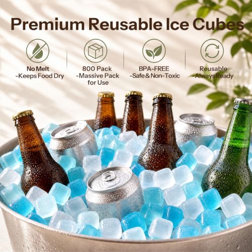 Blue Reusable Ice Cubes 800 Pack - Large Bulk for Drinks & Outdoor Use
