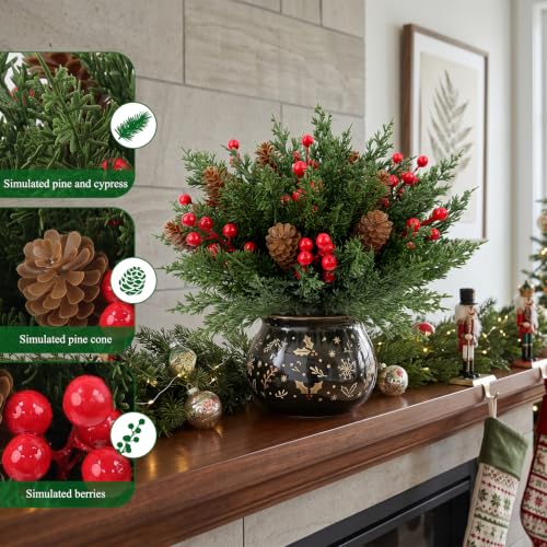 45 Pcs Christmas Artificial Pine Branches with Red Berries & Pine Cones - Holiday Decor