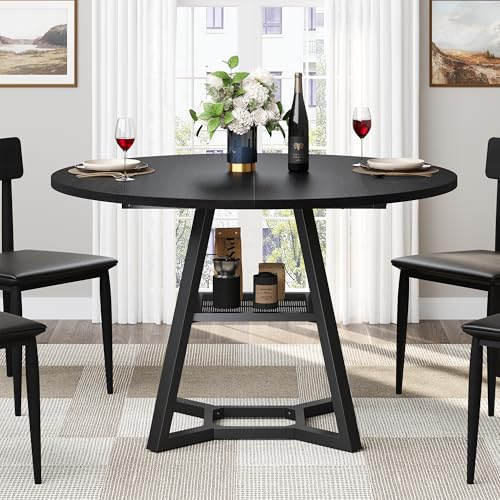 Black 47-Inch Round Dining Table for 4 with Pedestal Metal Frame Kitchen & Dining