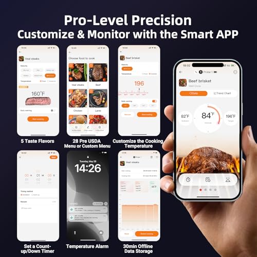 Wireless Digital Meat Thermometer with 4 Probes & IP67 Waterproof for Grill Oven Cooking
