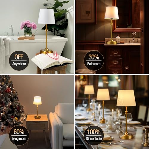 ONEWISH Golden Cordless Rechargeable Table Lamp 4000mAh Touch Dimmable Fabric Shade