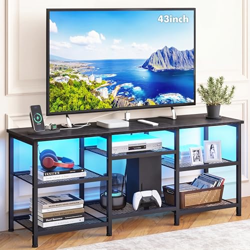 YGEOMER Black Entertainment Center for 50in TVs with LED Lights & Charging Station