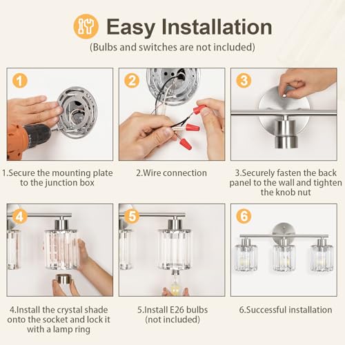 Kvhiiw Modern Brushed Nickel Crystal Bathroom Light Fixture - 3-Light, Up/Down Mounting