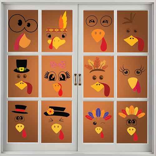 28 Pcs Turkey Face Vinyl Decals Turkey Faces DIY Craft Vinyl Art Stickers, Turkey Face Wall Decals Stickers Halloween Fall Thanksgiving Christmas Glass Window Sticker