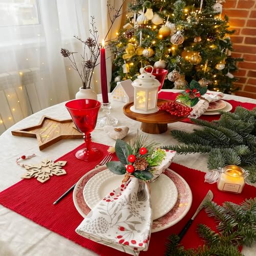 Getfitsoo Christmas Pinecone Napkin Rings Set of 12 with Berry Leaves - Rustic Holiday Table Decor