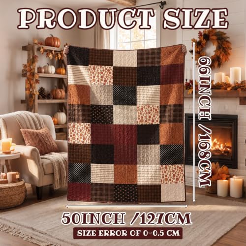 Fall Pumpkin Patchwork Quilted Throw Blanket 50x66 Inches - Autumn Decor