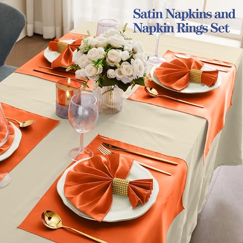 Orange Satin Napkins & Napkin Rings Set of 50 - Elegant Dining Table Decor