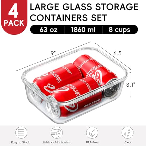 Snuvid 4 Pack Large 63oz Glass Food Storage Containers with Airtight Lids
