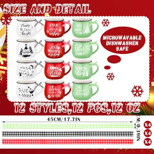 12oz Christmas Mugs Set - 12 Ceramic Coffee Cups in Red, Green & White