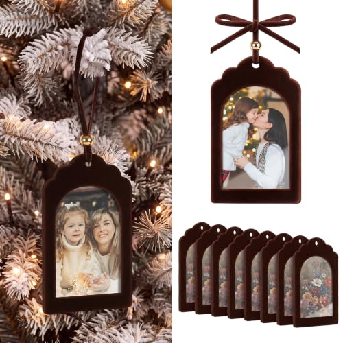 UNIQOOO 2x3 Inch Chocolate Brown Velvet Arch Photo Frame Ornaments – 8 Pack Christmas Hanging Double-Sided