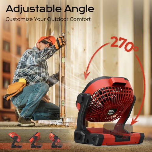 Red Battery Operated Camping Fan with USB Charging & LED Lights - Portable, 4 Speeds, Hook, for Milwaukee M18 Batteries