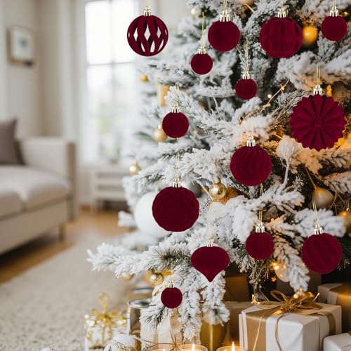 Burgundy Velvet Christmas Ornaments Set 48pcs - 8/6/4 cm Ball Christmas Tree Decorations