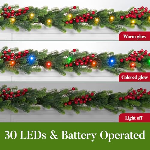 Amazqi 6FT Pre-Lit Christmas Garland with Red Berries, 30 LED Lights & 8 Modes