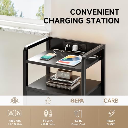 Lazzanto Black Nightstand with 3 Drawers, LED Light & Charging Station