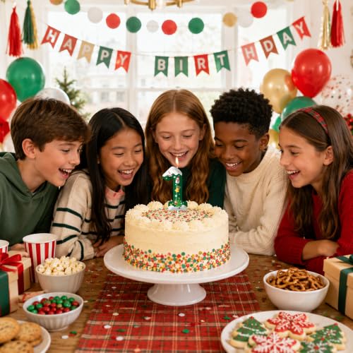 Christmas Number 1 Birthday Candle Green Bell - Cake Topper with Pick, Xmas Tree Holiday Décor