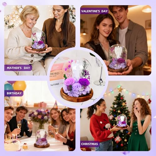 Purple Forever Real Rose Gift for Mom Women Teacher with LED Glass Dome