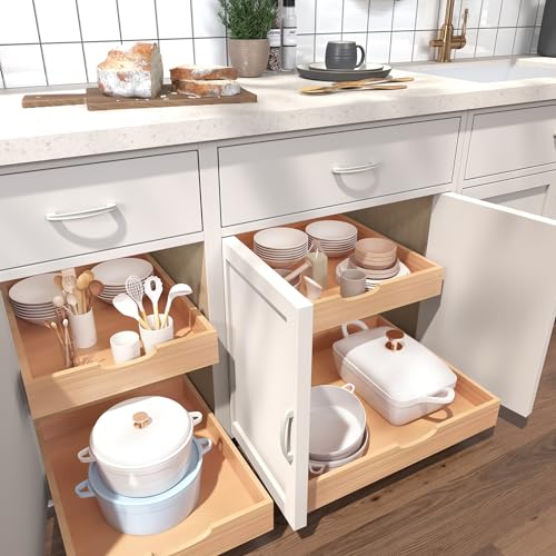 Pull Out Kitchen Cabinet Drawer Organizer - Fully Assembled Beech Wood, 11”W x 21”D Variation