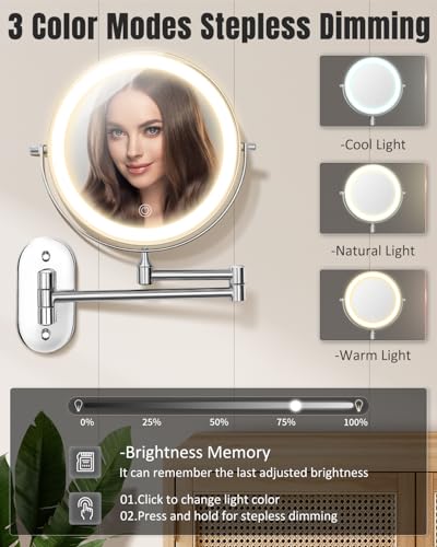 Chrome 8-Inch Wall Mounted Lighted Magnifying Makeup Mirror - 30X/1X Double-Sided with Adjustable Brightness