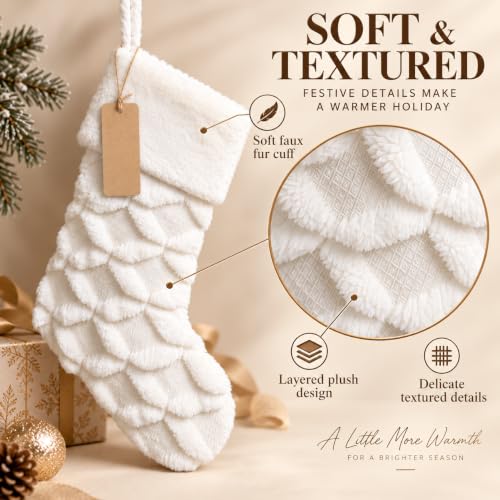 AISENO 3-Pack 20 Inch White Faux Fur Christmas Stockings with Cable Knit - Knitted Holiday Decor