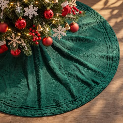 Benjia 120cm/48in Knitted Christmas Tree Skirt Braided Cable Knit Green