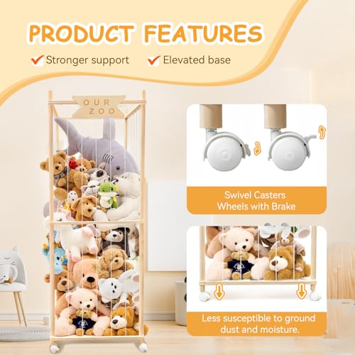 Megapuxin Pine Wood Stuffed Animal Storage Zoo on Wheels - Large Toy Organizer for Nursery & Playroom