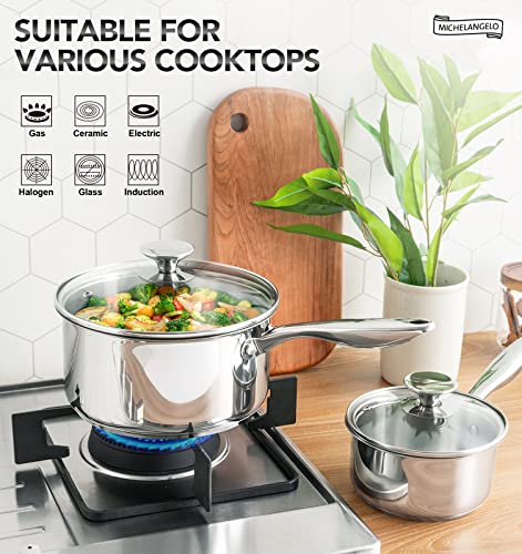 Tri-Ply Bottom Stainless Steel Saucepan Set 1Qt & 2Qt with Glass Lids