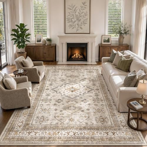 8x10 Beige Area Rug - Washable Traditional Vintage Carpet for Living Room