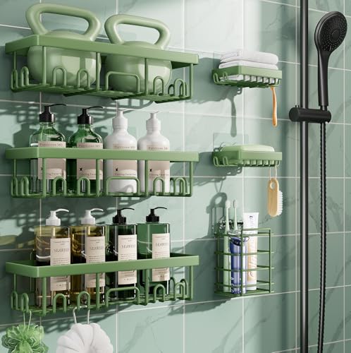 Green Veken 6-Piece Waterproof Shower Caddy Set Wall-Mounted Bathroom Organizers